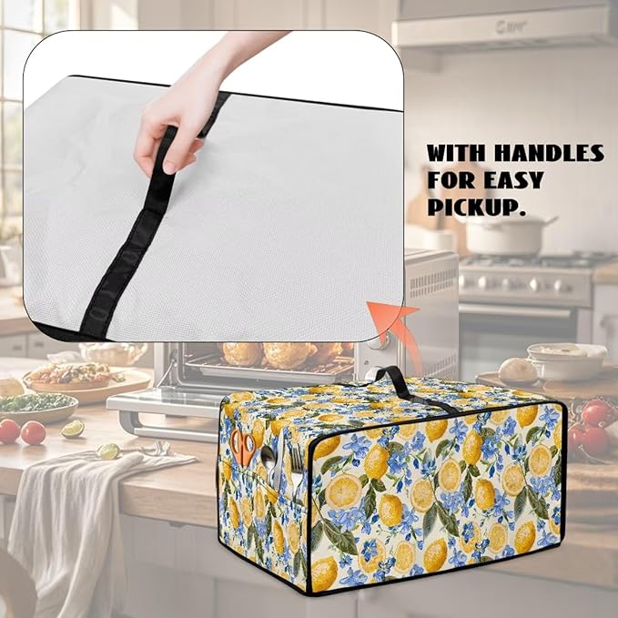 Waterproof Dust-Proof Microwave Oven Grill Cover Protector Lemon Floral Leaf Print Polyester-Linen Fabric Dust Cover with Storage Bags Case Protections for Microwave Oven, L