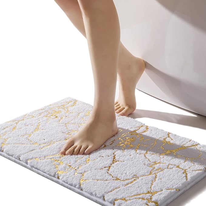 QJHOMO Marble Bathroom Rug White and Gold Decor Bathroom Rugs Non Slip Bath Mat Super Absorbent Microfiber Plush Bathmat Machine Washable Floor Carpet for Tub, Shower, Bedroom 16"x24"
