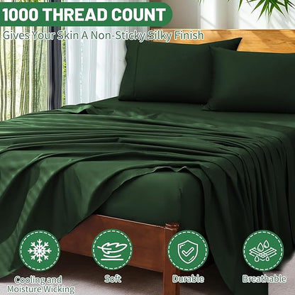 Extra Deep Pocket King Sheets 18-24 Inch 100% Egyptian Cotton 1000 Thread Count Sateen Weave Soft Breathable 4 Pieces（King，Forest Green）