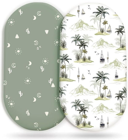GRSSDER Stretchy Ultra Soft Fitted Bassinet Sheet Set 2 Pack, Breathable and Universal Fit for Bassinets Baby Cradle Moses Basket Oval Rectangle Mattress Safe and Snug