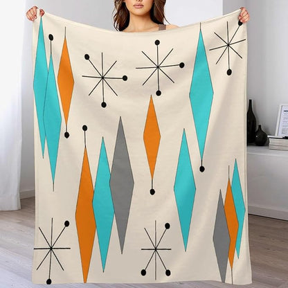 Mid Century Flannel Throw Blankets, Mid Century Modern Geometric Atomic Shapes Orange Retro Style Boho Print Blanket for Bed Couch Sofa Fuzzy Tv Throws 30"x40"