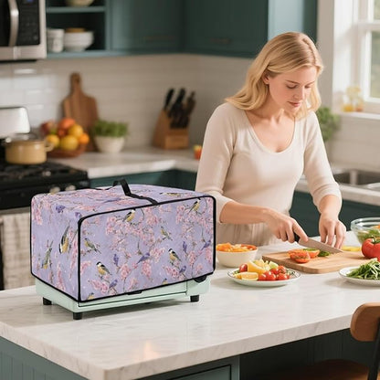 Dust-Proof Microwave Oven Grill Cover Protector Cherry Blossom Robin Bird Print Polyester-Linen Fabric Toaster Oven Dust Cover with Storage Bags Case Protections for Microwave Oven, S