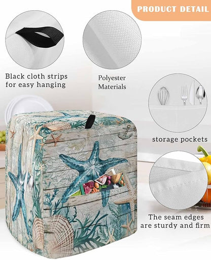 Turquoise Starfish Stand Mixer Dust Cover with Storage Pocket & Handles, Fits All Tilt Head & Bowl Lift Coastal Shells Kitchen Appliance Cover Organizer Nautical Anchor Wood Bag Accessories, 6-8 Quart