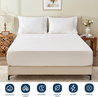 Sunflower Queen Fitted Sheet, 1-Piece Extra Deep Pocket Fitted Bottom Sheet 22", 100% Cotton Jacquard Damask Sheets Sateen Weave Soft Breathable, White Striped