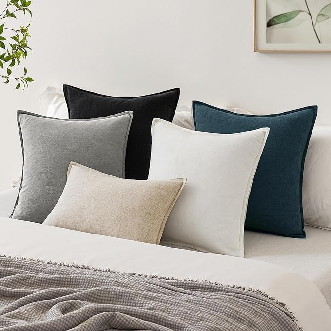 EMEMA Decorative Linen Throw Pillow Covers 18x18 Inch Light Grey Boho Farmhouse Neutral Couch Throw Pillows for Bed Pack of 2 Accent Pillowcase Modern Sofa Cushion Livingroom Home