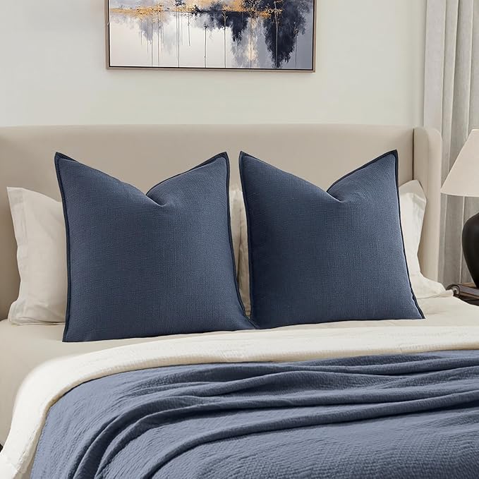MIULEE Decorative Euro Sham Pillow Covers 24x24, 2 Pack Large Boho Farmhouse Neutral Throw Pillows for Bed, Thick Textured Modern Linen Cushion Cases Couch Sofa Living Room Home Decor, Navy Blue