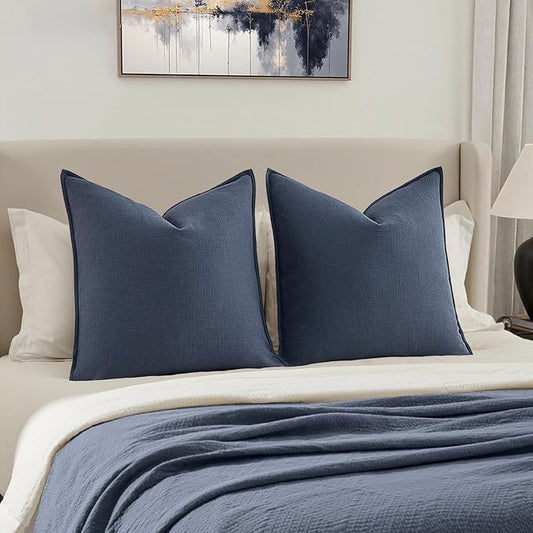 MIULEE Decorative Euro Sham Pillow Covers 24x24, 2 Pack Large Boho Farmhouse Neutral Throw Pillows for Bed, Thick Textured Modern Linen Cushion Cases Couch Sofa Living Room Home Decor, Navy Blue