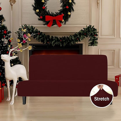 Easy-Going Stretch Futon Slipcover Armless Sofa Cover Furniture Protector Without Armrests Slipcover Soft with Elastic Bottom for Kids, Spandex Jacquard Fabric Small Checks(futon,Wine)