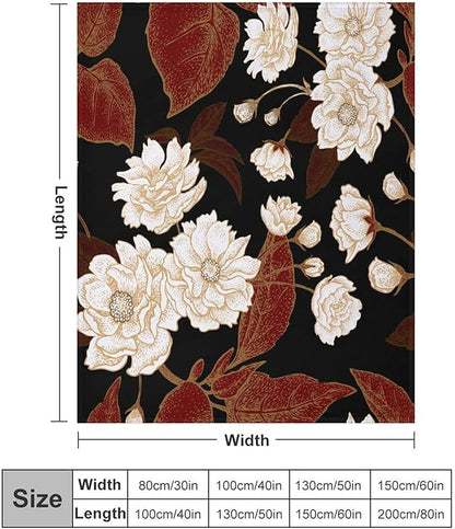 Red Gold Floral Blanket, Boho Dark Flower Leaves Chinese Plum Blossoms Botanical Vintage Throw Blanket for Bed Living Room Bedding Couch Soft Lightweight Warm Cozy Decor, 40"x50"