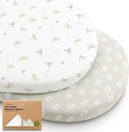 2-Pack Baby Bassinet Sheets Girl, Boy - 33x17 Viscose Derived from Bamboo Bedside Mattress Fitted Bassinet Sheets, Compatible with Halo Bassinest Swivel Sleeper, Baby Delight, Graco (Meadow)