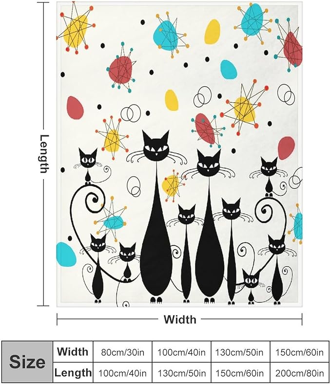Mid Century Modern Throw Blanket, Atomic Black Cat Starbursts Iconic Sputnik Retro Abstract Geometric 1950s 1960s Throw for Adults Kids Pet, Beige Black 40"x50"