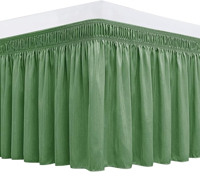 Biscaynebay Wrap Around Bed Skirts for Queen Beds Short Drop of 12", Sage Adjustable Elastic Dust Ruffles Easy Fit Wrinkle Resistant Silky Luxurious Fabric Machine Washable