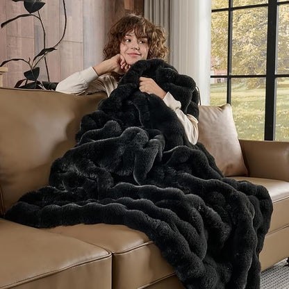 Lotus Karen Faux Fur Blanket Black - Big Bubble Rabbit Fluff King Throw for The Bed Large Fluffy Fuzzy Cozy Thick Furry Plush Shaggy Blankets 108x90 Inches