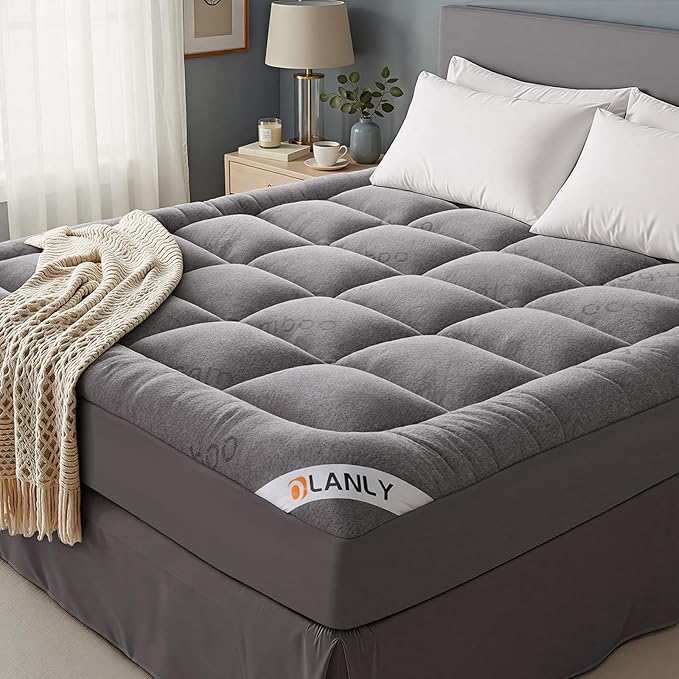 OLANLY California King Mattress Topper, Viscose Made from Bamboo, Cooling Soft Pillow Top Mattress Pad for Back Pain Relief, Plush Down Alternative Fill Bed Topper with Elastic Deep Pocket, Light Gray