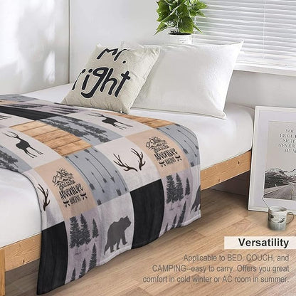 Rustic Cabin Throw Blanket, Retro Camping Bear Deer Farmhouse Wildlife Tree Forest Brown Gray Print Warm Flannel Blanket for Bedroom Camping Travel, 30"x40"