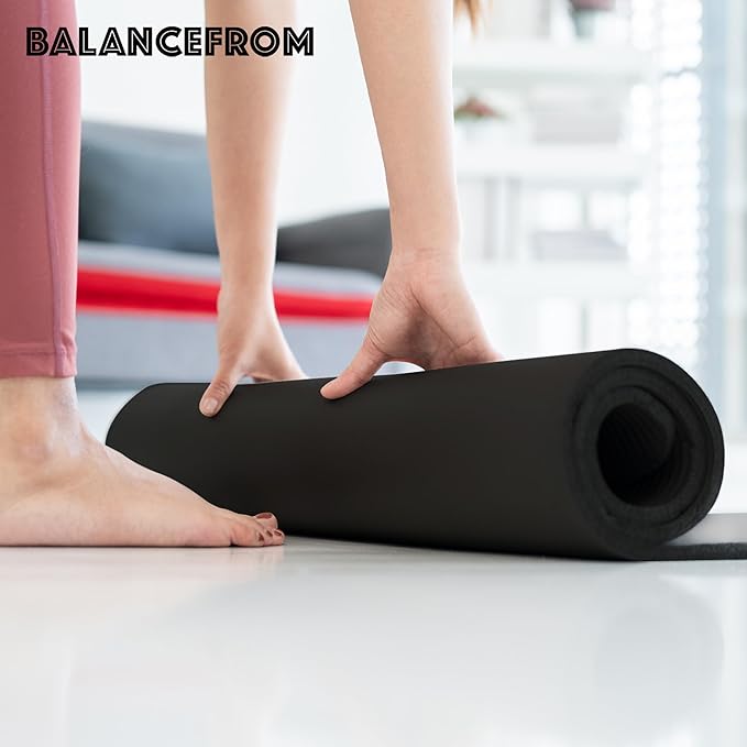 BalanceFrom GoCloud 71x24 Inches Extra Thick Yoga Mat 1-Inch High-Density Foam – Roll-Up Exercise Pad with Double-Sided Non-Slip Surface and Carrying Strap for Pilates and Home Workouts