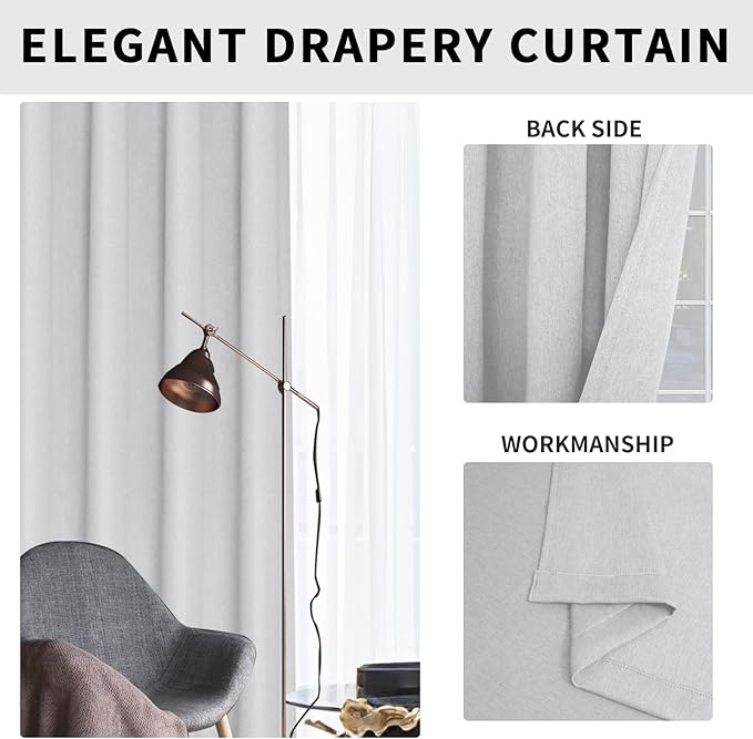 Easy-Going Linen Look Blackout Curtain 108 Inch Length Grommet Window Curtain Drapes for Bedroom, Living Room Thermal Insulated Room Darkening (Set of 2 Panels, Greyish White)