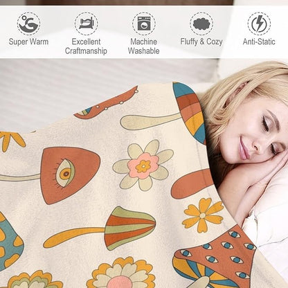 70s Mushroom Throw Blanket, Retro 60s Groovy Mushroom Boho Hippie Flowers Print Blanket for Kids Baby Bedroom Sofa Holiday Decor 40"x50"