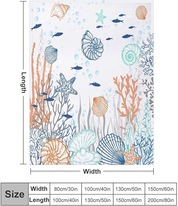 Nautical Coastal Blanket, Starfish Seashell Coral Beach Themed Drapes Ocean Orange Blue Teal Conch Print Throw Blankets for Sofa Couch Bed Room Birthday Decor, 60"x80"