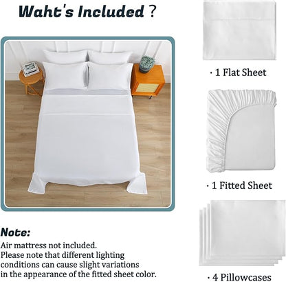 Queen Sheet Set for Air Mattress, 6 Piece Air Bed Sheets Set with 18-24 Inches Extra Deep Pocket, Soft & Breathable Inflatable Bed Sheet Set with Flat Sheet, Fitted Sheet and Pillowcases, White