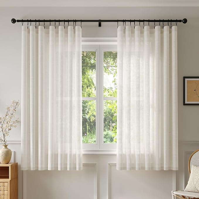 Anmao Natural Linen Curtains for Living Room 54 Inch Length 2 Panels Set, Light Filtering Semi Sheer Window Curtain Drapes for Bedroom with Curtain Rings and Clips, 52Wx54L, Ivory