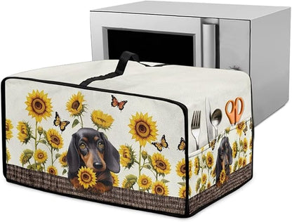 Dachshund Dog Sunflower Butterfly Print Microwave Oven Dust Cover Dustproof Microwave Toaster Oven Cover Polyester-Linen Fabric Kitchen Machine Covers for Toaster Oven Air Fryer, M