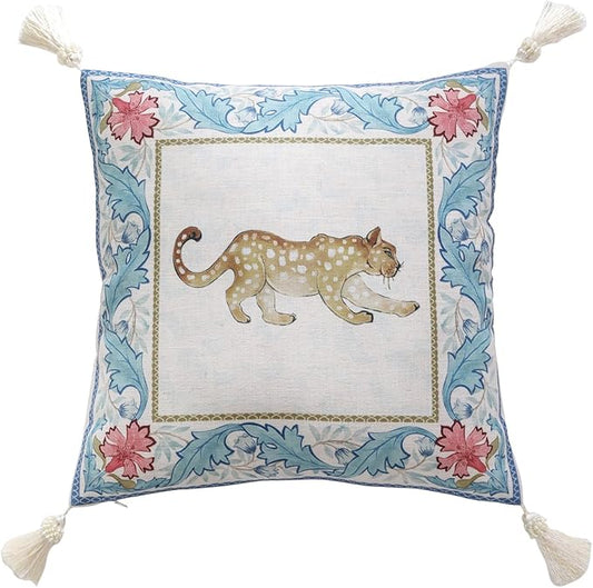 patdrea Designer Throw Pillow Covers for Couch 18"x18",Vintage French Linen Pillows Cover with Cheetah Pattern and White Pendant,Farmhouse Decorative Square Pillowcases for Bed Living Room Outdoor