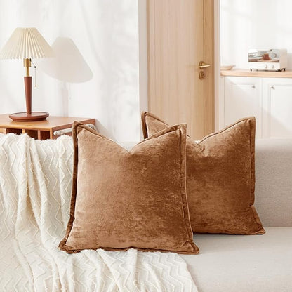 Luxurious Velvet Euro Shams Decorative Throw Pillow Covers 26x26 Set of 2 Solid Square Euro Pillow Shams for Sofa Couch Bedroom, Caramel