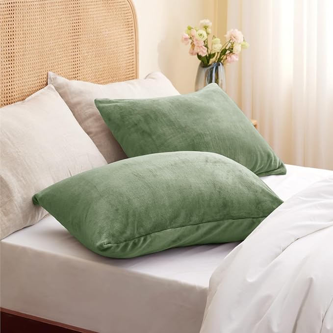 BEDELITE Flannel Pillow Cases Queen Size Set of 2, Super Soft Fleece Pillowcases with Zipper for Bedroom, Sofa, Couch,Luxury Cozy Velvet Pillow Shams for All Seasons(20x30 Inches,Sage Green)