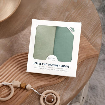 GRSSDER Stretchy Ultra Soft Fitted Bassinet Sheet 2 Pack, Universal Fit for Bassinets Baby Cradle Moses Basket Oval Rectangle Mattress Safe and Snug, Jersey Bassinet Sheets for Girls, Green & Sage