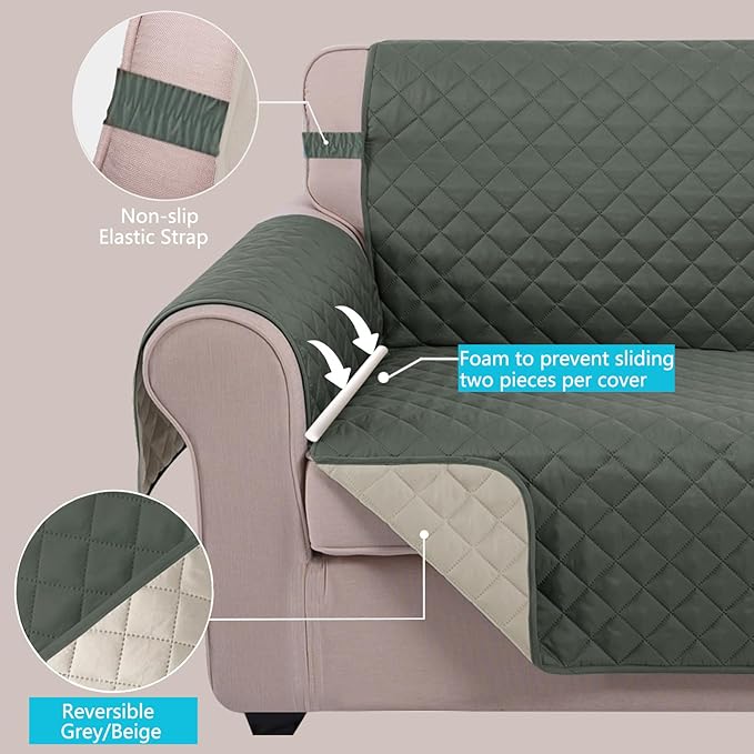 U-NICE HOME Loveseat Sofa Cover Reversible Couch Cover for Dogs with Elastic Straps Water Resistant Furniture Protector for Pets Couch Cover for 2 Cushion Couch (Loveseat, Grey/Beige)