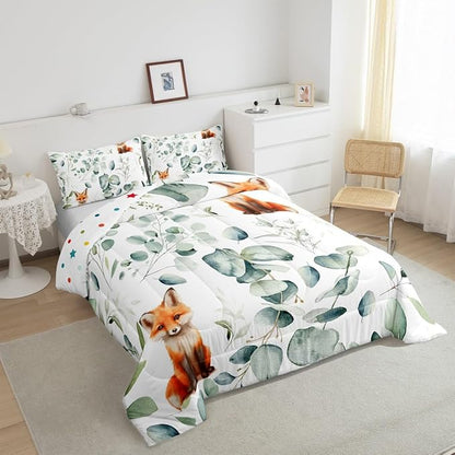 Erosebridal Girls Cartoon Animal Twin Comforter Set for Kids Toddler Kawaii Fox Bedding Set Twin, Woodland Wildlife Bedding Comforter Sets Jungle Wild Fox Duvet Set, Green Eucalyptus Quilted Comforter