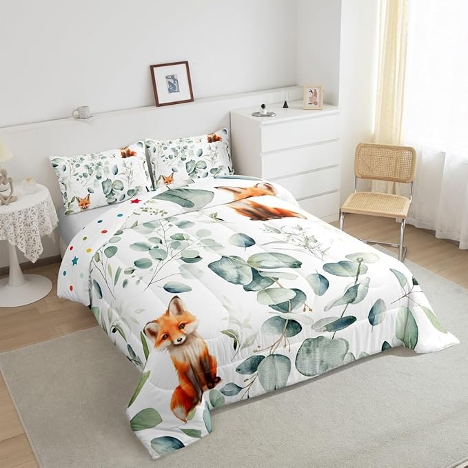 Erosebridal Girls Cartoon Animal Toddler Comforter Set for Kids Toddler Kawaii Fox Bedding Set, Woodland Wildlife Bedding Comforter Sets Jungle Wild Fox Duvet Set, Green Eucalyptus Quilted Comforter