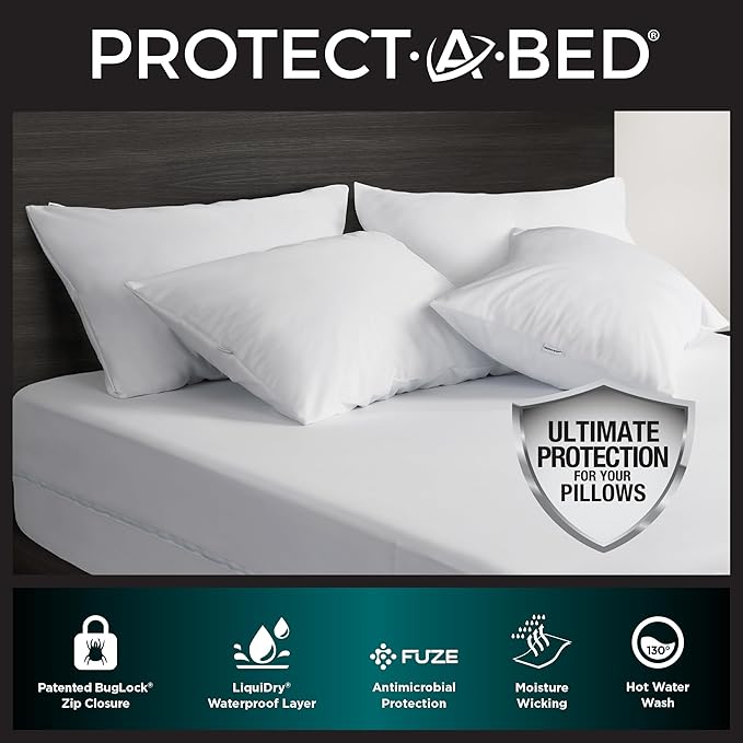 Protect-A-Bed AllerZip Queen 20" x 30" Pillow Protectors (Set of 2), Bed Bug and Dust Mite Proof, Noiseless and Odor-Resistant Pillow Covers, 100% Waterproof, Machine Washable