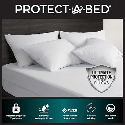 Protect-A-Bed AllerZip Queen 20" x 30" Pillow Protectors (Set of 2), Bed Bug and Dust Mite Proof, Noiseless and Odor-Resistant Pillow Covers, 100% Waterproof, Machine Washable
