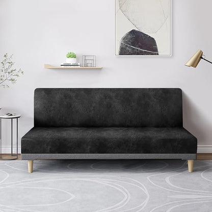molasofa Leather Like Stretch Futon Slipcover Armless Futon Bed Sofa Cover Furniture Protector with Elastic Bottom, Soft and Washable Futon Cover for Sofa Bed Stay in Place（Medium，Dark Grey）