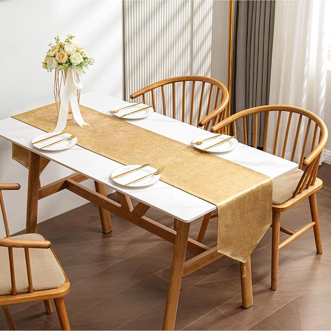 BALCONY & FALCON Gold Table Runner Lustrous Linen 14"x71" Water Resistant Washable Vintage Rustic Tassels Runner for Table, Dining, Party, Wedding, Birthday, Easter, Thanksgiving, Christmas Décor
