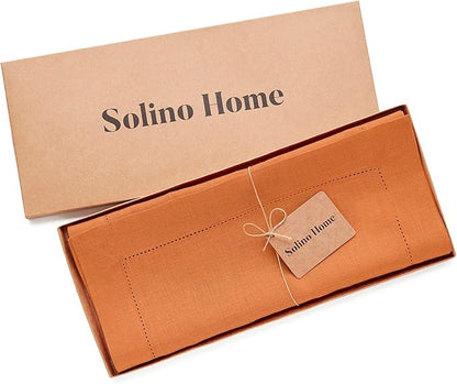 Solino Home Linen Pumpkin Table Runner 132 Inches Long - 100% Pure Linen Extra Long Table Runner 14 x 132 Inch - Classic Hemstitch - Holiday