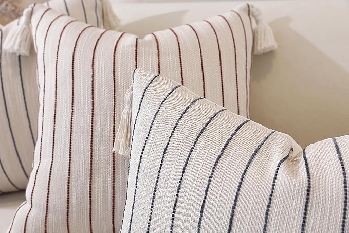 Boho Lumbar Pillow Covers 14x36 Inch Long, Textured Linen Striped Cushion Covers with Tassels, Soft & Cozy Farmhouse Decor Pillow Cases for Sofa Couch Living Room, (Dusty Blue,(Pack of 1))