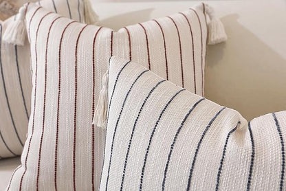 Boho Lumbar Pillow Covers 14x36 Inch Long, Textured Linen Striped Cushion Covers with Tassels, Soft & Cozy Farmhouse Decor Pillow Cases for Sofa Couch Living Room, (Dusty Blue,(Pack of 1))