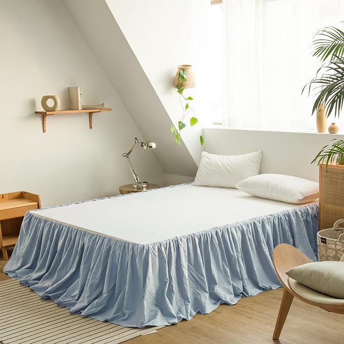 BISELINA French Linen Bed Skirt with Pleated Frills 14-Inch Tailored Drop Natural Flax Cotton Blend Dust Ruffle Soft Cozy Farmhouse Bedding (14" King, Dusty Blue)