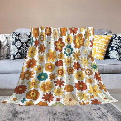 Vintage Hippie Floral Blanket, 70s Boho Abstract Yellow Orange Flowers Funny Print Throw Blanket for Holiday Theme Home Decor Bedding Couch 60"x80"