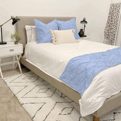 Bed Runner Set - 100% Pure Cotton 800 Thread Count - Luxury 1 Pinch Pleated Bed Runner and 2 Pillow Cover - 3 Piece Pinch Pleated Bed Runner Set King, Light Blue