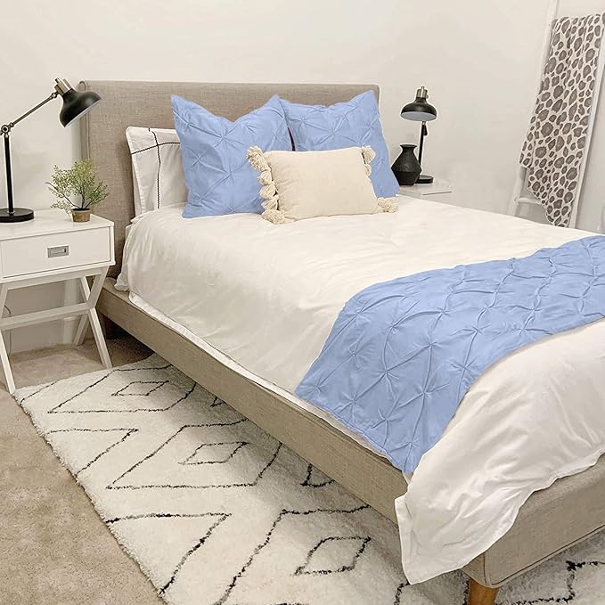 Bed Runner Set - 100% Pure Cotton 800 Thread Count - Luxury 1 Pinch Pleated Bed Runner and 2 Pillow Cover - 3 Piece Pinch Pleated Bed Runner Set Queen, Light Blue