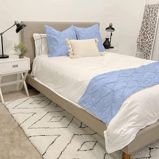Bed Runner Set - 100% Pure Cotton 800 Thread Count - Luxury 1 Pinch Pleated Bed Runner and 2 Pillow Cover - 3 Piece Pinch Pleated Bed Runner Set Twin, Light Blue