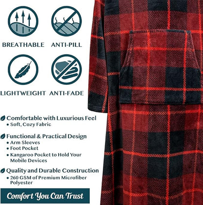PAVILIA Fleece Blanket with Sleeves, Foot Pockets for Women Men Adults, Plush Wearable Blanket Throw Wrap, Warm Snuggle Blanket Robe, Cozy Gift Ideas Wife Mom, Plaid Red