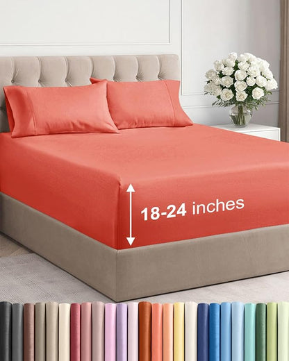 Extra Deep Pocket King Sheets - 4 Piece Breathable & Cooling Bed Sheets - Hotel Luxury Bed Sheet Set - Soft, Wrinkle Free & Comfy - Easily Fits Extra Deep Mattresses - Deep Pocket Coral Sheets Set