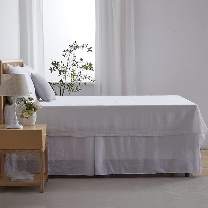 Simple&Opulence Belgian Linen Bed Skirt with Classic 22 inch Tailored Drop Dust Ruffle, Easy Fit Breathable Premium Natural Flax - Basic White, Queen