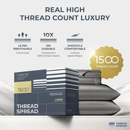 THREAD SPREAD Egyptian Cotton Sheets King Size - 1500 Thread Count 4 PC Damask Sheet Set Egyptian Cotton, Luxury Sheet King Size, Soft, Cooling Deep Pocket Sheets, Fits Upto 19" - Dark Grey Stripe