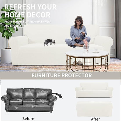 Easy-Going Stretch Sofa Slipcover 1-Piece Sofa Cover Furniture Protector Couch Soft with Elastic Bottom for Kids, Polyester Spandex Jacquard Fabric Small Checks (Sofa, Cream)